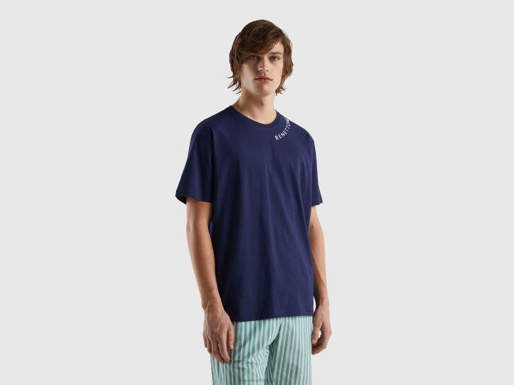 camisa con estampado en el cuello redondo NHBF4716 azul oscuro hombres Benetton