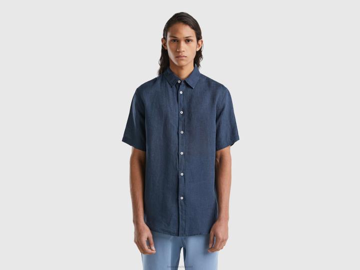 Camisa manga corta 100% lino NHBF4558 azul oscuro hombres Benetton