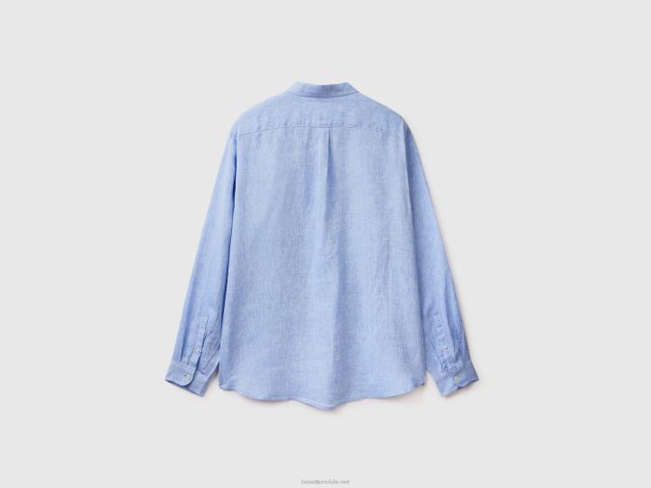 camisa de lino puro NHBF1362 azul claro hombres Benetton