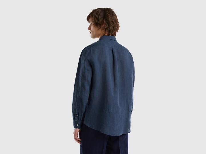 camisa de lino puro NHBF1371 azul oscuro hombres Benetton