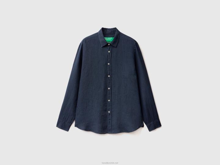 camisa de lino puro NHBF1371 azul oscuro hombres Benetton