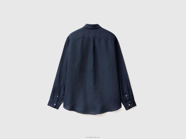 camisa de lino puro NHBF1371 azul oscuro hombres Benetton