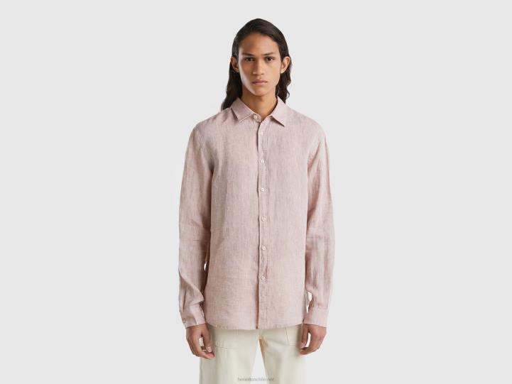 camisa de lino puro NHBF4556 beige hombres Benetton