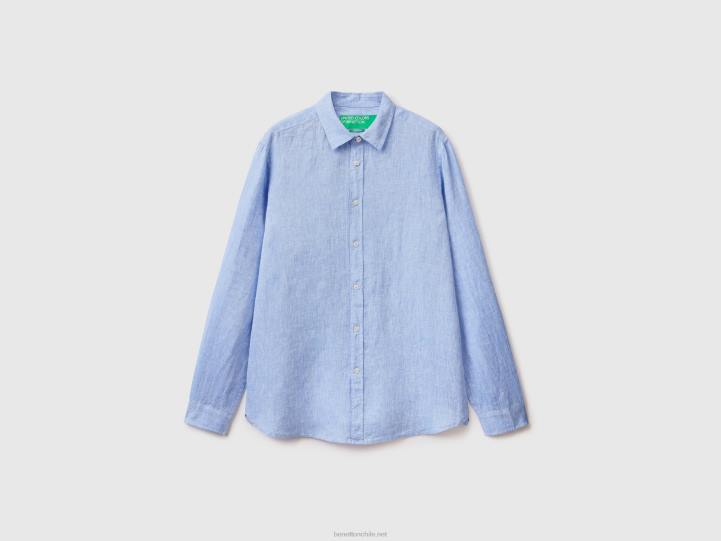 camisa de lino puro NHBF4557 azul claro hombres Benetton