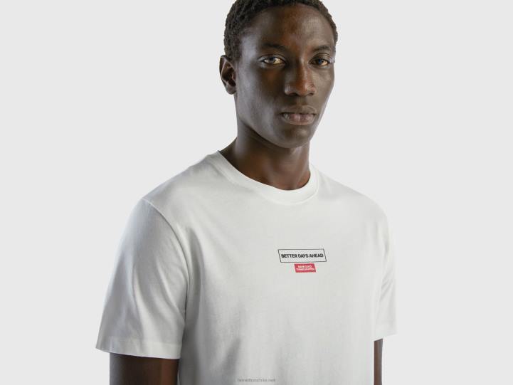 camiseta con estampado en algodón de fibra larga NHBF1246 Blanco crema hombres Benetton