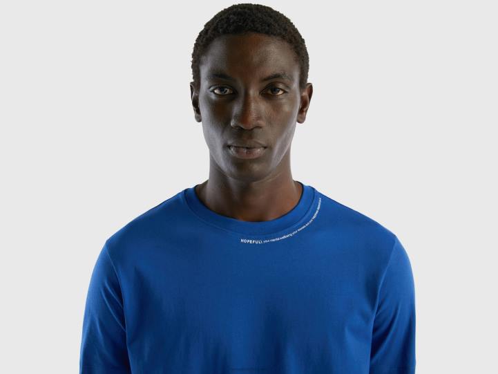 camiseta con estampado en algodón de fibra larga NHBF4453 azul brillante hombres Benetton
