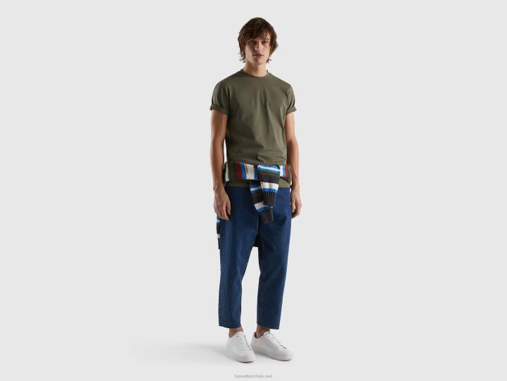 camiseta slim fit de algodón elástico NHBF1226 verde militar hombres Benetton