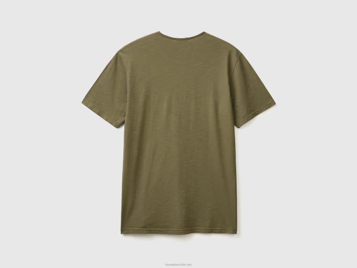 camiseta verde de algodón flameado NHBF4468 verde militar hombres Benetton