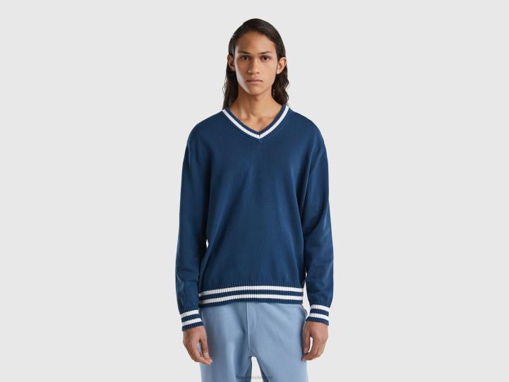 Jersey cuello pico 100% algodón NHBF4396 fuerza aérea azul hombres Benetton