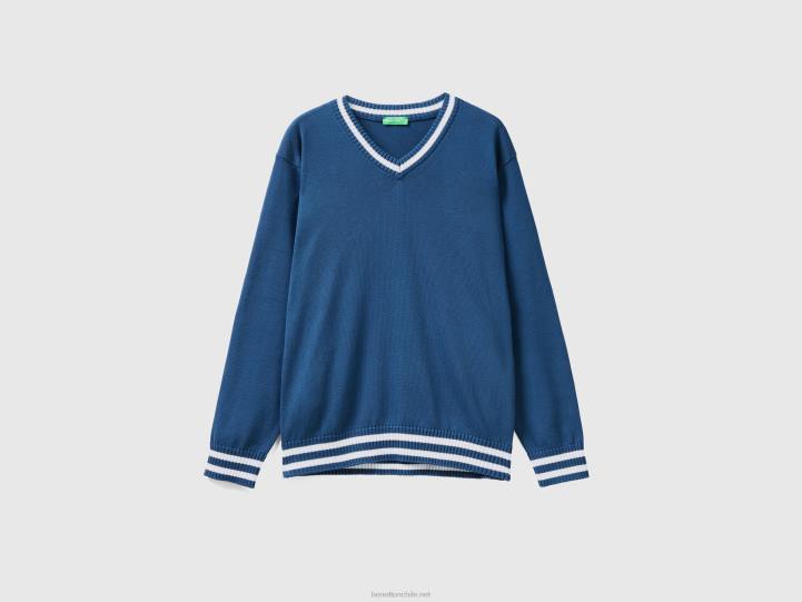 Jersey cuello pico 100% algodón NHBF4396 fuerza aérea azul hombres Benetton