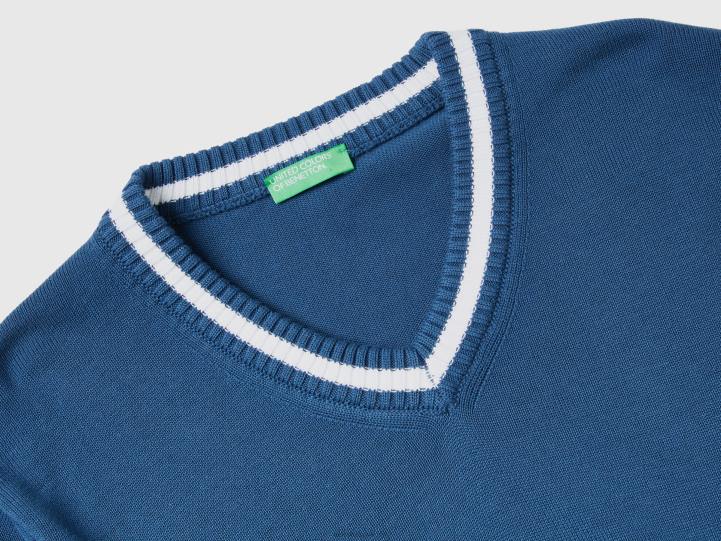 Jersey cuello pico 100% algodón NHBF4396 fuerza aérea azul hombres Benetton