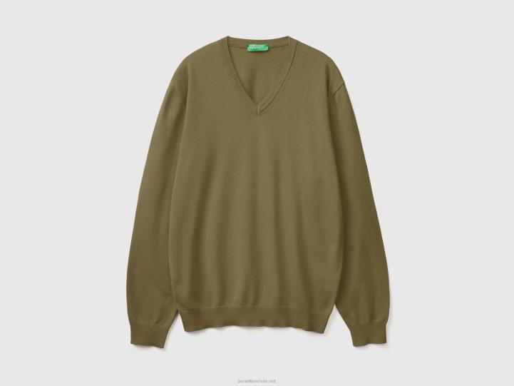 jersey con cuello de pico en puro algodón NHBF4360 verde militar hombres Benetton