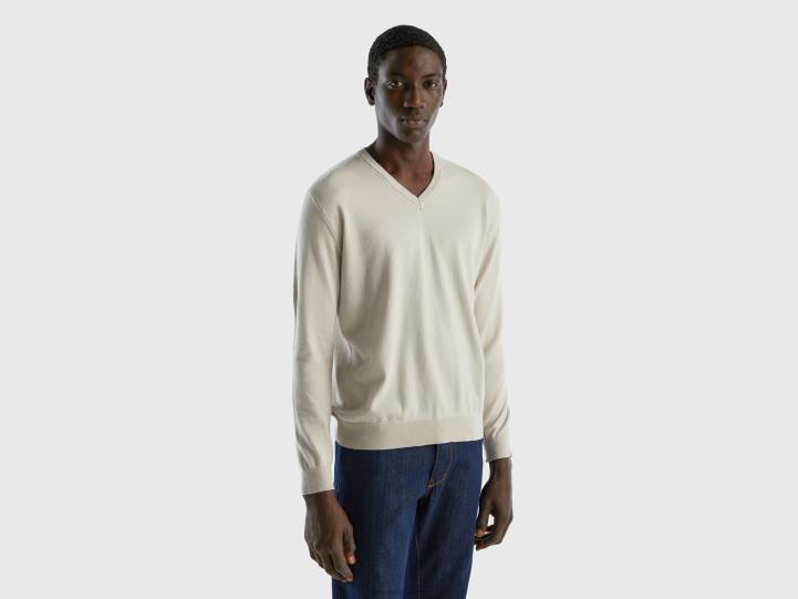 jersey con cuello de pico en puro algodón NHBF4389 blanco hombres Benetton