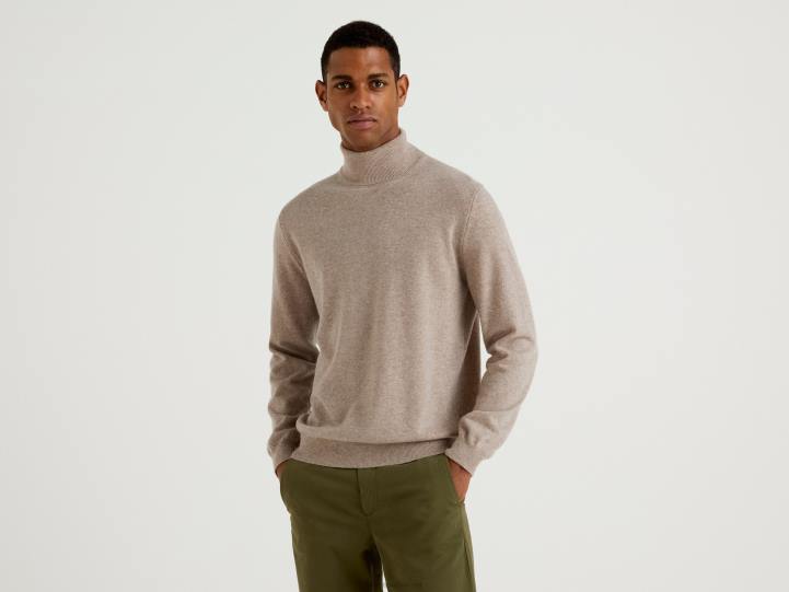 jersey de cuello vuelto gris paloma de pura lana merino NHBF6037 paloma gris hombres Benetton