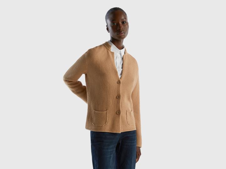 Chaqueta de punto 100% algodón NHBF216 camello mujer Benetton