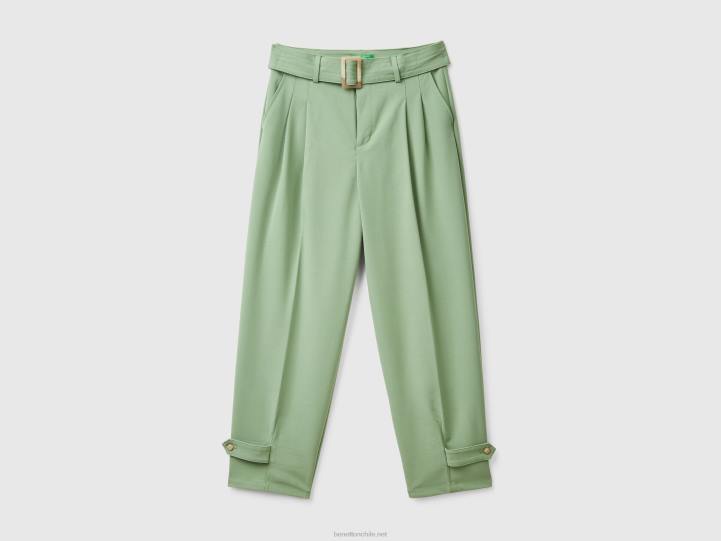 pantalones de tiro alto con cinturón NHBF4066 verde mujer Benetton