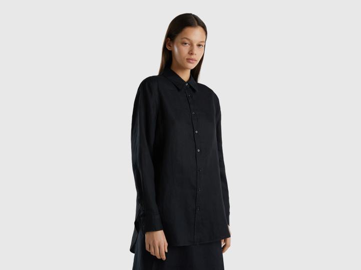 camisa larga de puro lino NHBF3964 negro mujer Benetton