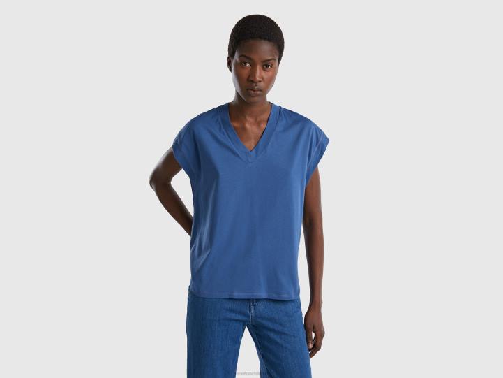 Camiseta cuello pico 100% algodón NHBF360 azul mujer Benetton