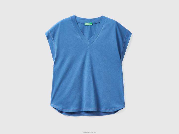 Camiseta cuello pico 100% algodón NHBF3787 azul mujer Benetton