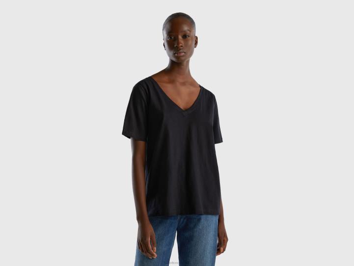 camiseta con cuello de pico en algodón flameado NHBF365 negro mujer Benetton