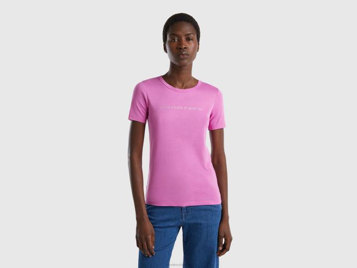 camiseta de 100 % algodón con logotipo estampado con purpurina NHBF315 rosa mujer Benetton