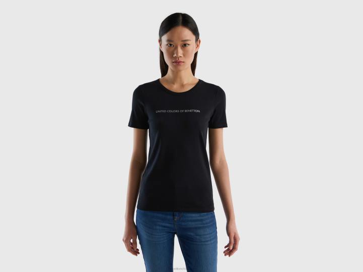 camiseta de 100 % algodón con logotipo estampado con purpurina NHBF428 negro mujer Benetton
