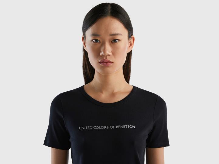 camiseta de 100 % algodón con logotipo estampado con purpurina NHBF428 negro mujer Benetton