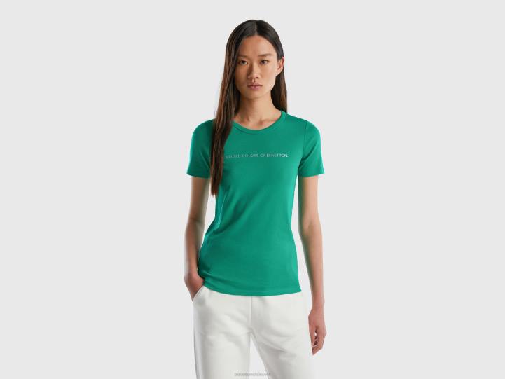 camiseta de 100 % algodón con logotipo estampado con purpurina NHBF468 verde mujer Benetton