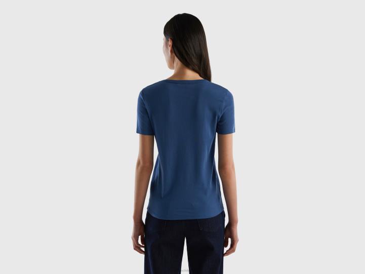 camiseta de algodón de fibra larga NHBF3945 azul mujer Benetton