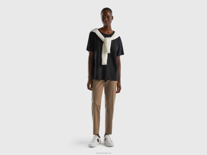 camiseta de cuello redondo de algodón flameado NHBF3862 negro mujer Benetton