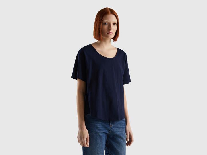 camiseta de manga corta en algodón ligero NHBF383 azul oscuro mujer Benetton