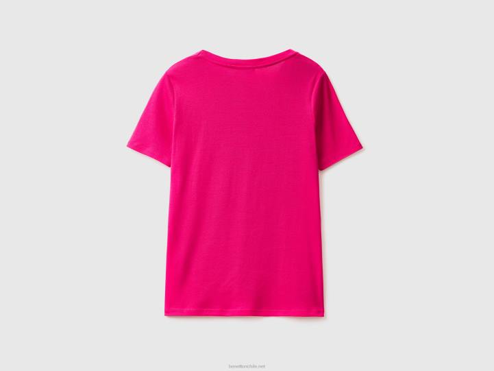 camiseta de puro algodón con cuello de pico NHBF3794 fucsia mujer Benetton