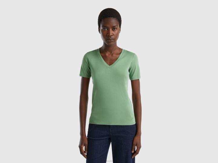 camiseta de puro algodón con cuello de pico NHBF3897 verde mujer Benetton