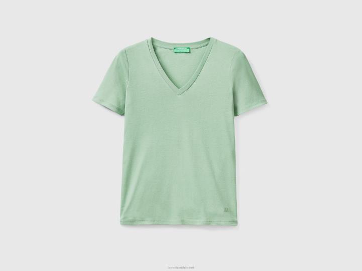 camiseta de puro algodón con cuello de pico NHBF3897 verde mujer Benetton