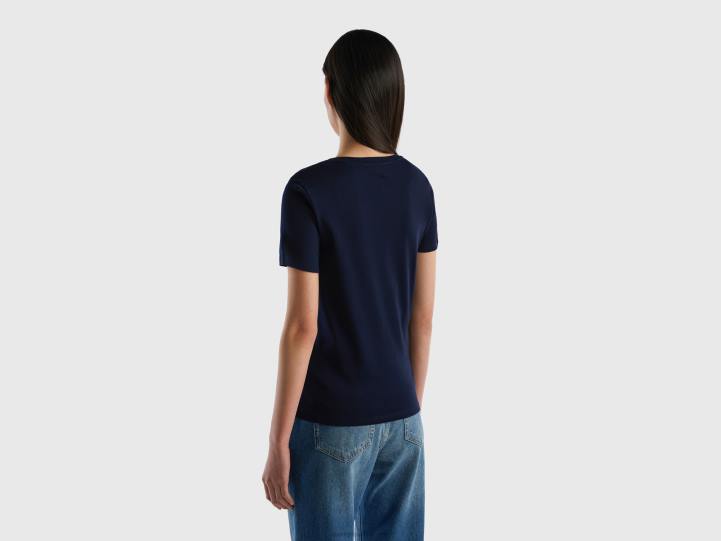 camiseta de puro algodón con cuello de pico NHBF3904 azul oscuro mujer Benetton