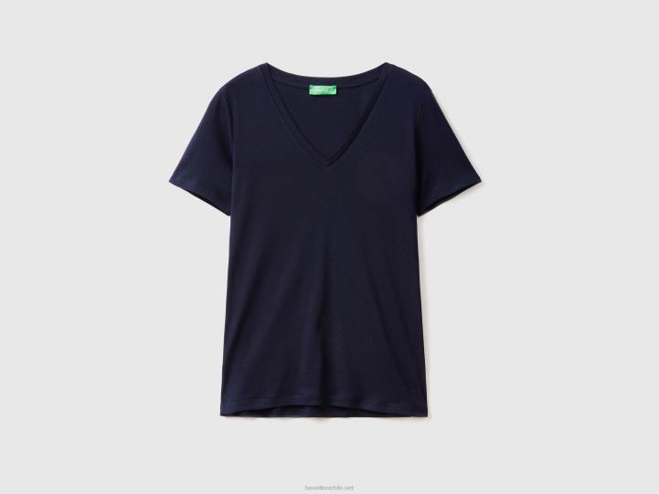 camiseta de puro algodón con cuello de pico NHBF3904 azul oscuro mujer Benetton