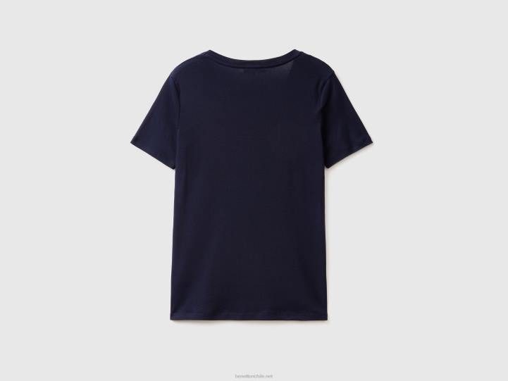 camiseta de puro algodón con cuello de pico NHBF3904 azul oscuro mujer Benetton