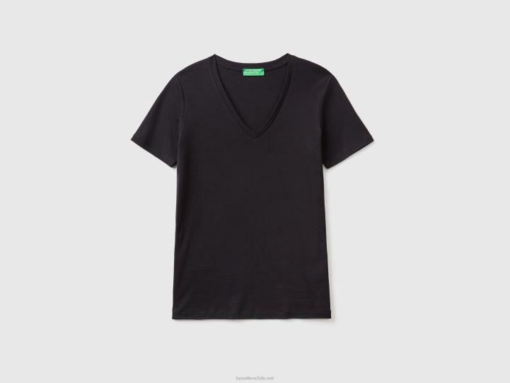 camiseta de puro algodón con cuello de pico NHBF3930 negro mujer Benetton