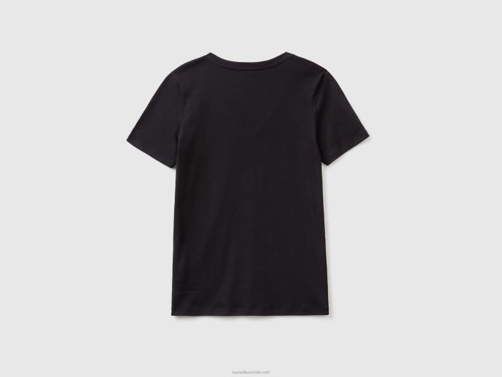 camiseta de puro algodón con cuello de pico NHBF3930 negro mujer Benetton