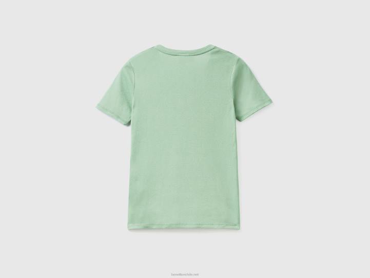 camiseta de puro algodón con cuello de pico NHBF417 verde mujer Benetton