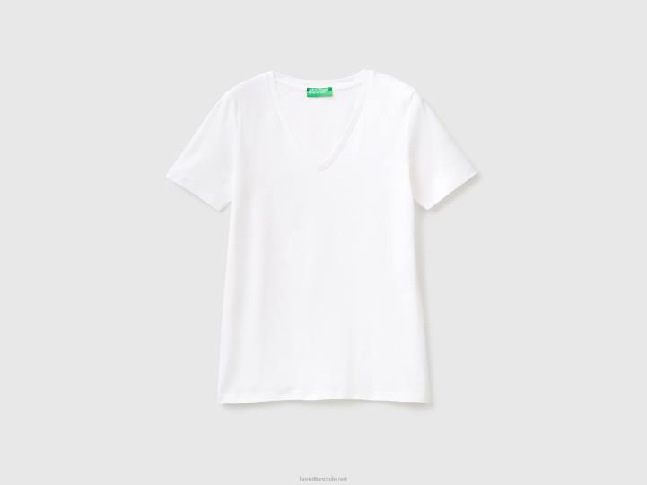 camiseta de puro algodón con cuello de pico NHBF443 blanco mujer Benetton