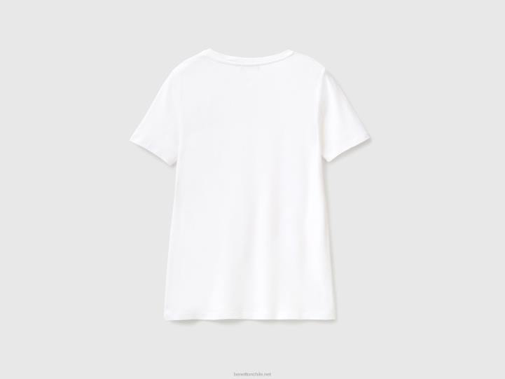 camiseta de puro algodón con cuello de pico NHBF443 blanco mujer Benetton