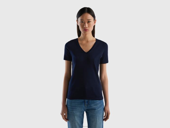camiseta de puro algodón con cuello de pico NHBF445 azul oscuro mujer Benetton