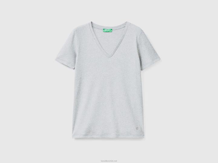 camiseta de puro algodón con cuello de pico NHBF454 gris claro mujer Benetton
