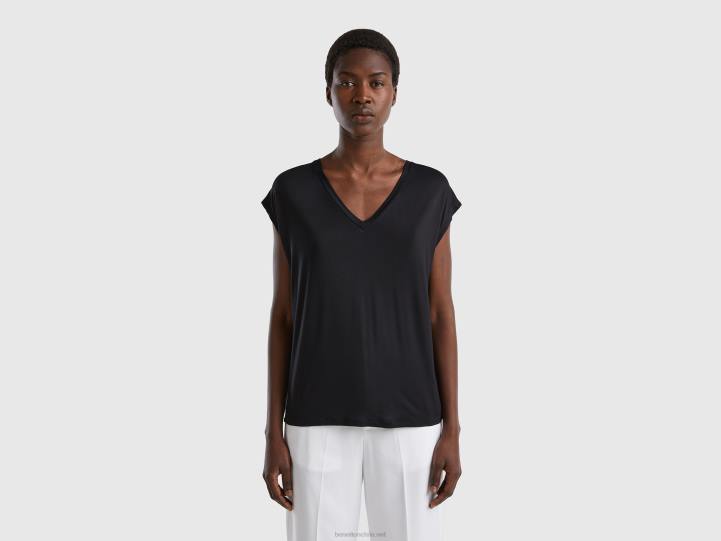 camiseta de viscosa elástica sostenible NHBF3885 negro mujer Benetton