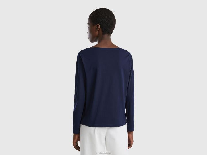 camiseta con cuello barco en 100% algodón NHBF349 azul oscuro mujer Benetton