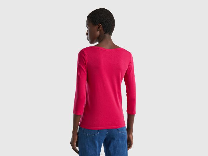 camiseta con cuello barco en 100% algodón NHBF3808 fucsia mujer Benetton