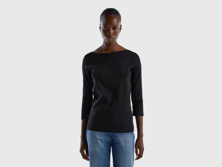 camiseta con cuello barco en 100% algodón NHBF3923 negro mujer Benetton