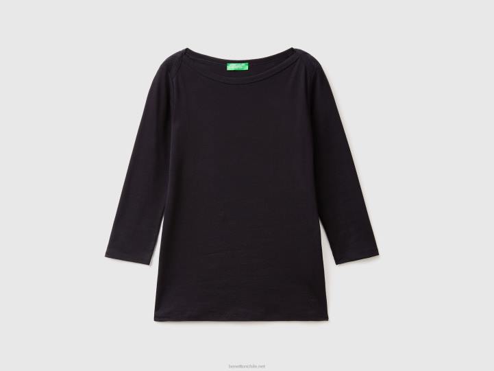 camiseta con cuello barco en 100% algodón NHBF3923 negro mujer Benetton