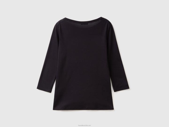 camiseta con cuello barco en 100% algodón NHBF3923 negro mujer Benetton